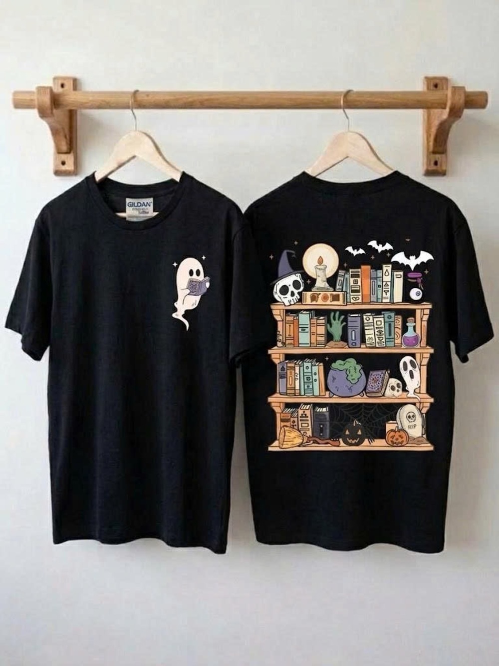 Spooky Bookshelf Ghost T-Shirt Cute Book Lover Halloween Graphic Tee 2 Sided